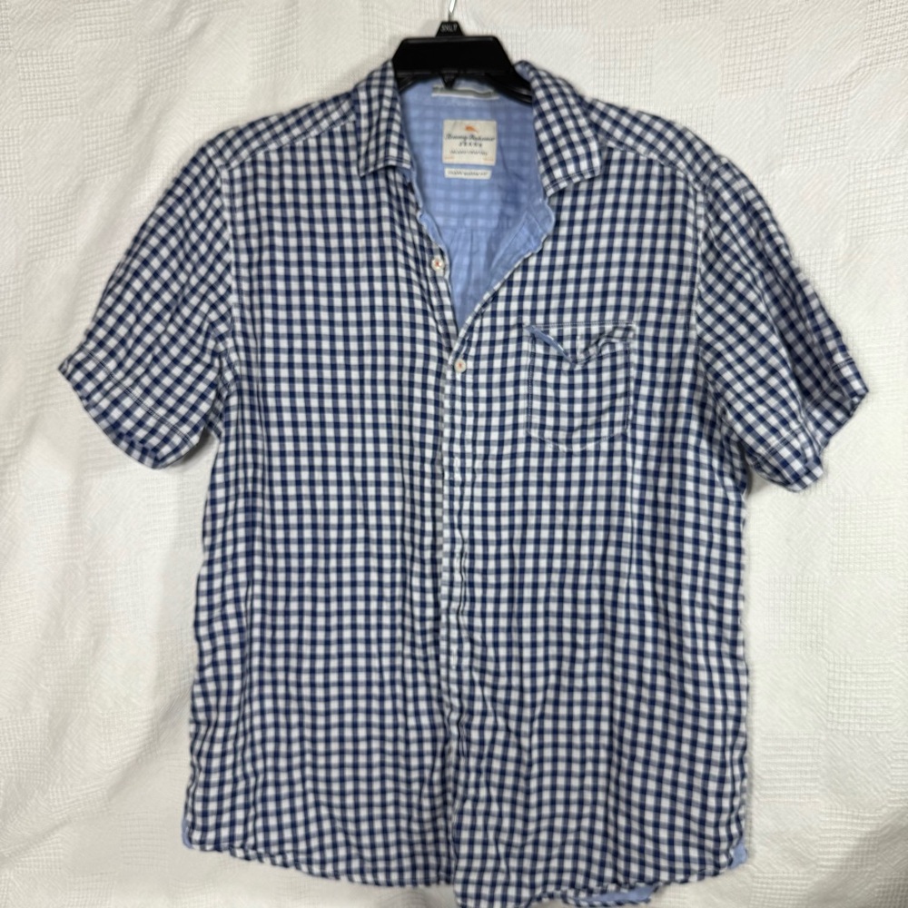 Tommy Bahama Shirt Mens Large Blue White Poplin Check Plaid Island Modern Fit
